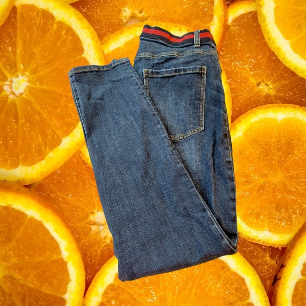 Cabi Button Fly Skinny Jeans Womens 14 Medium Wash Blue Striped Waistband 5521